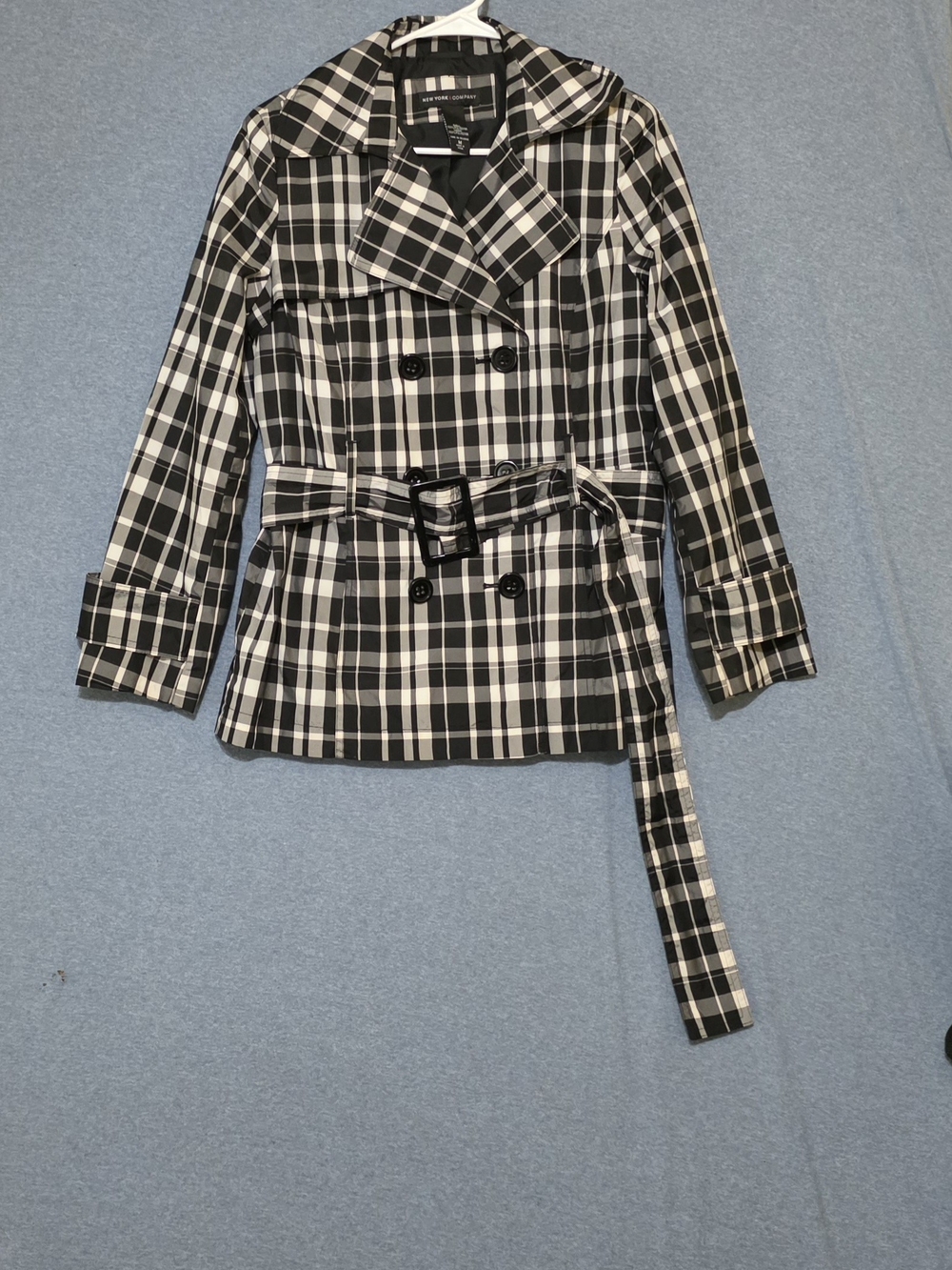 New York & Company Black and White Plaid Trench Coat